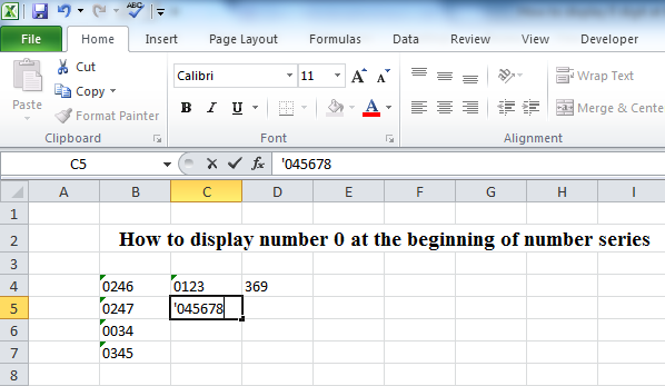 use apostrophe to show the leading zero in excel
